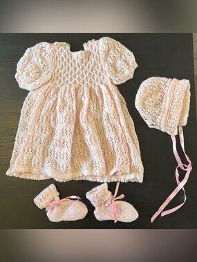Free shipping! Hand-Knit Baby Pink Lace Dress Set with Bonnet and Booties